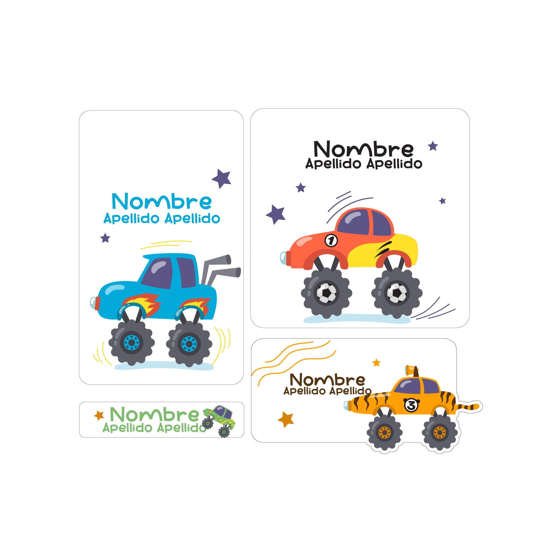etiquetas escolares, carritos, monster trucks